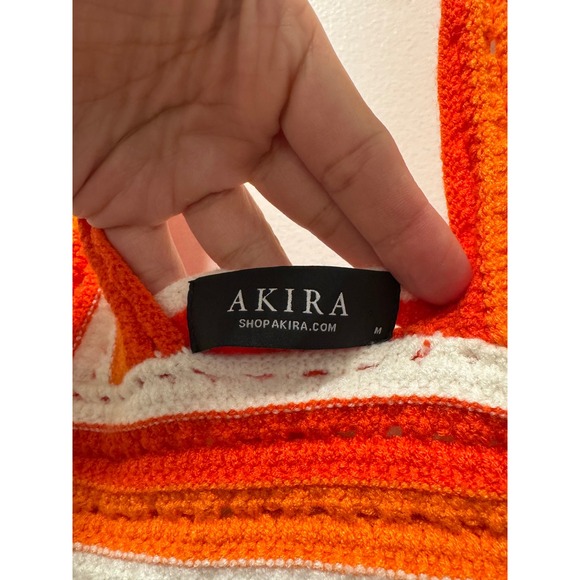 Akira Orange White Striped Crochet Halter Top Womens Medium Boho Knit Crop Top - Picture 3 of 3